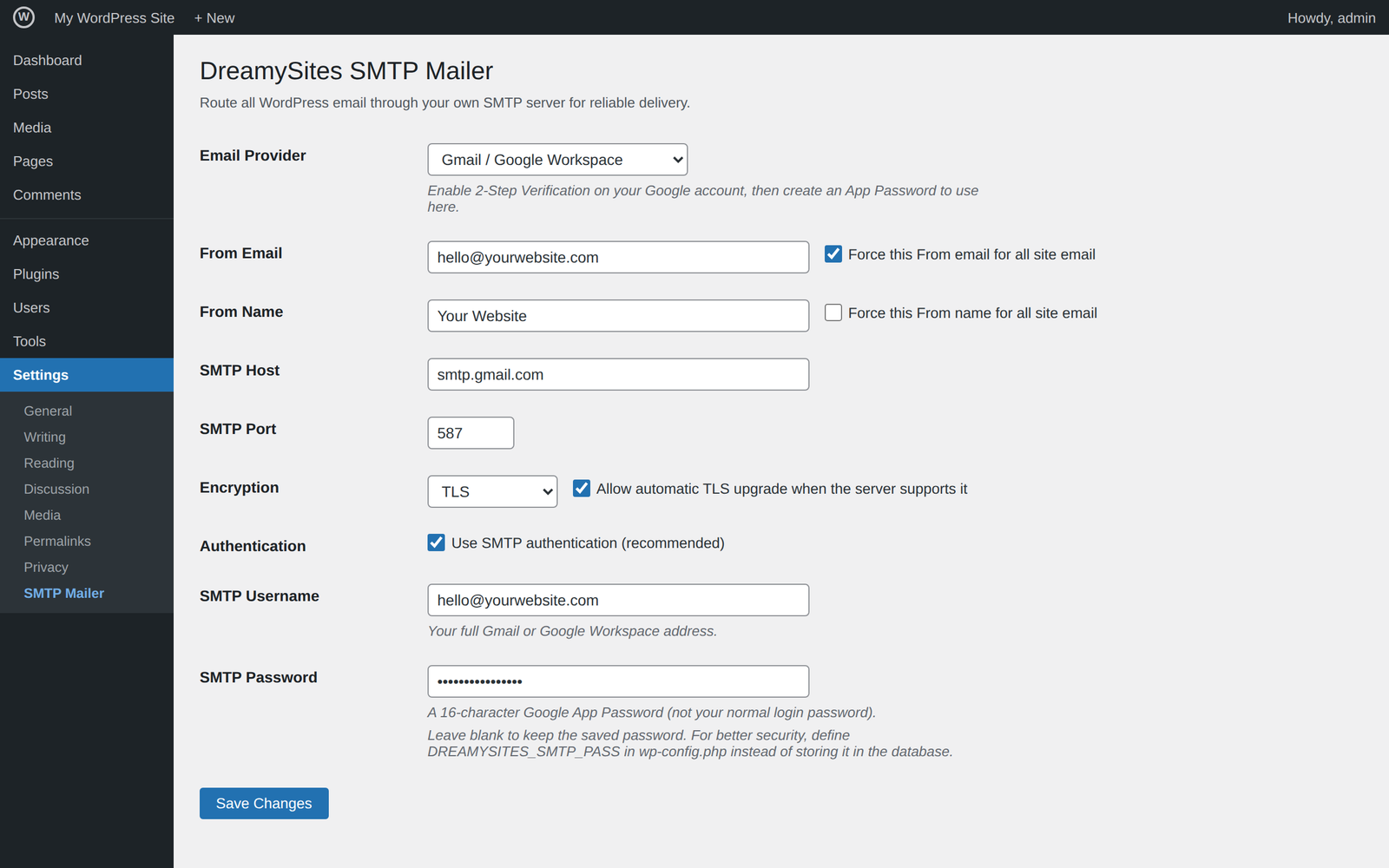 DreamySites SMTP Mailer settings screen with the provider selector