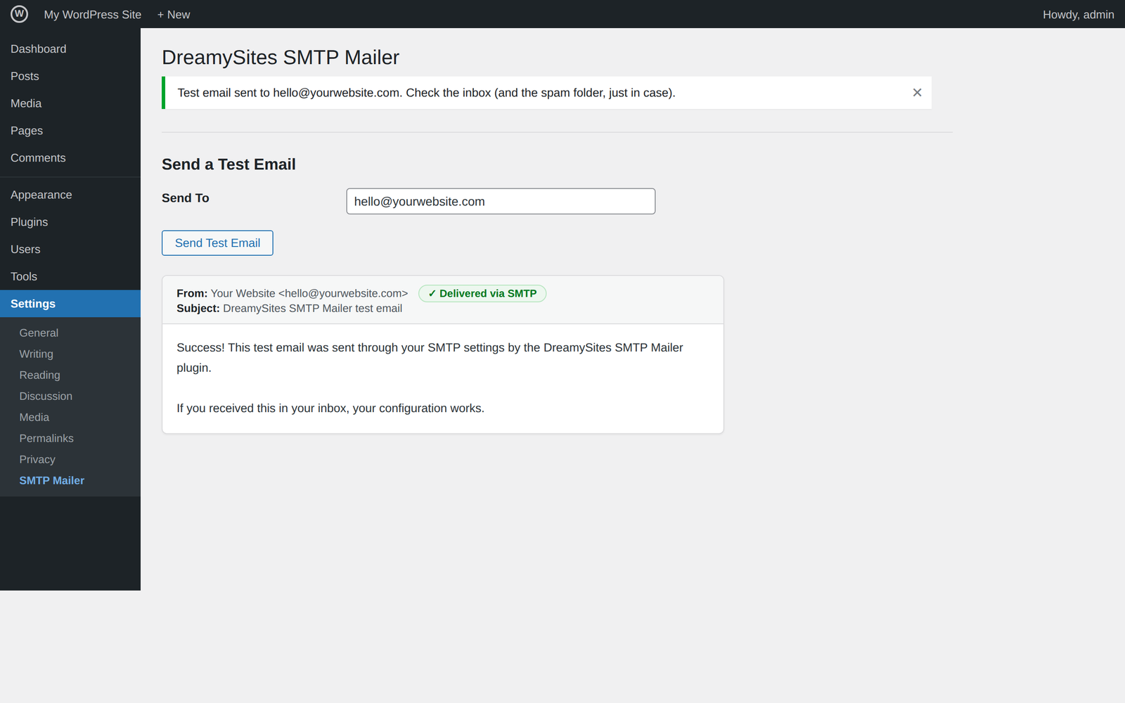 Sending a test email from the plugin